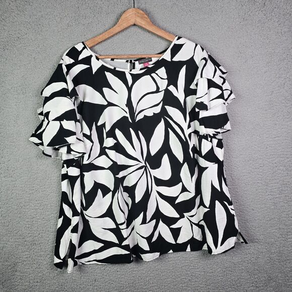 Vince Camuto Black White Abstract Print Tiered Sleeve Blouse Size 3X - Picture 1 of 13